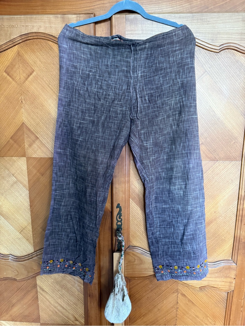 Vintage DOSA brown khadi drawstring pants w bead embroidery